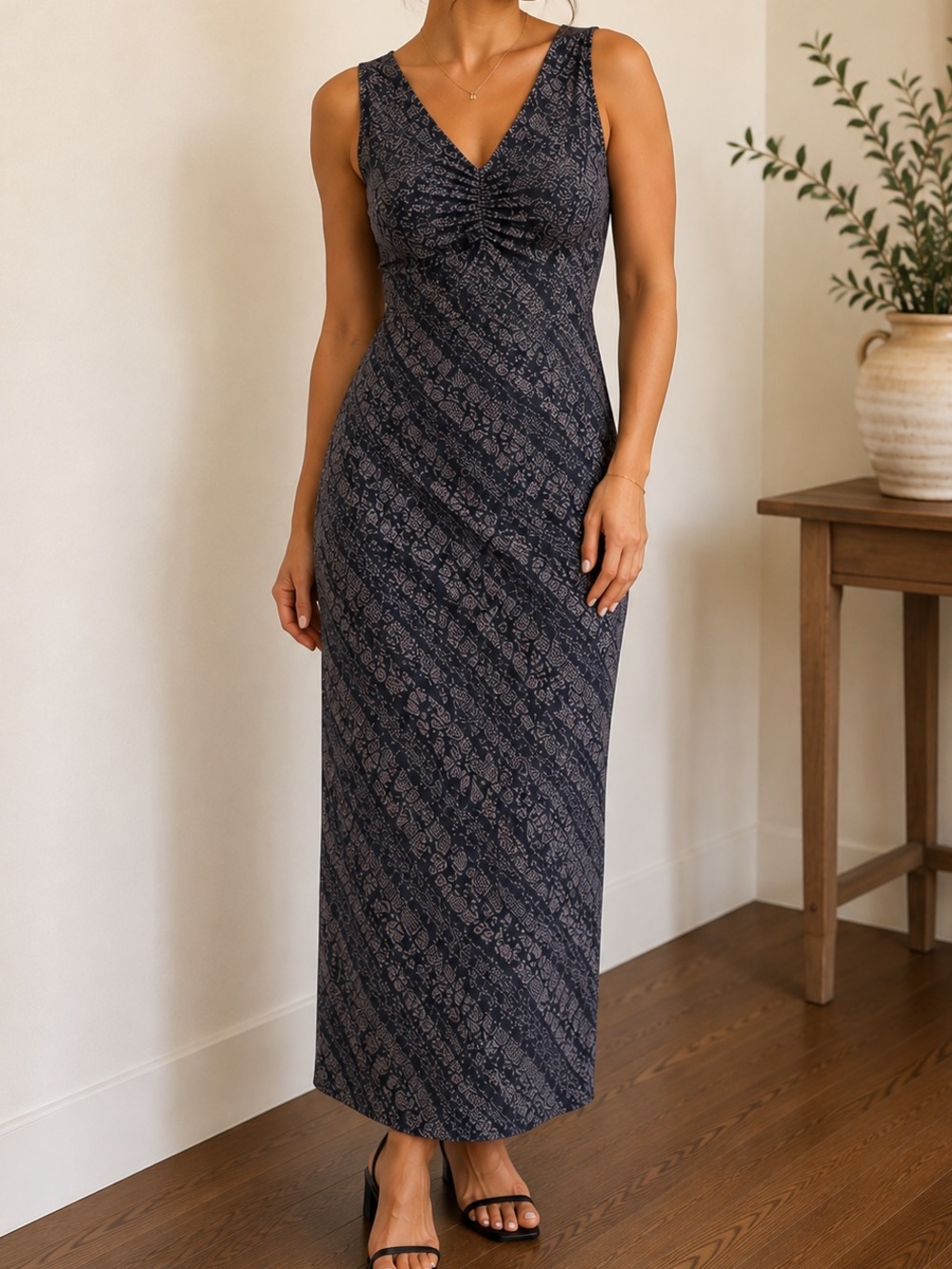 Sleeveless V-Neck Printed Midi Dress, Charcoal Gray- [SIZE 6]